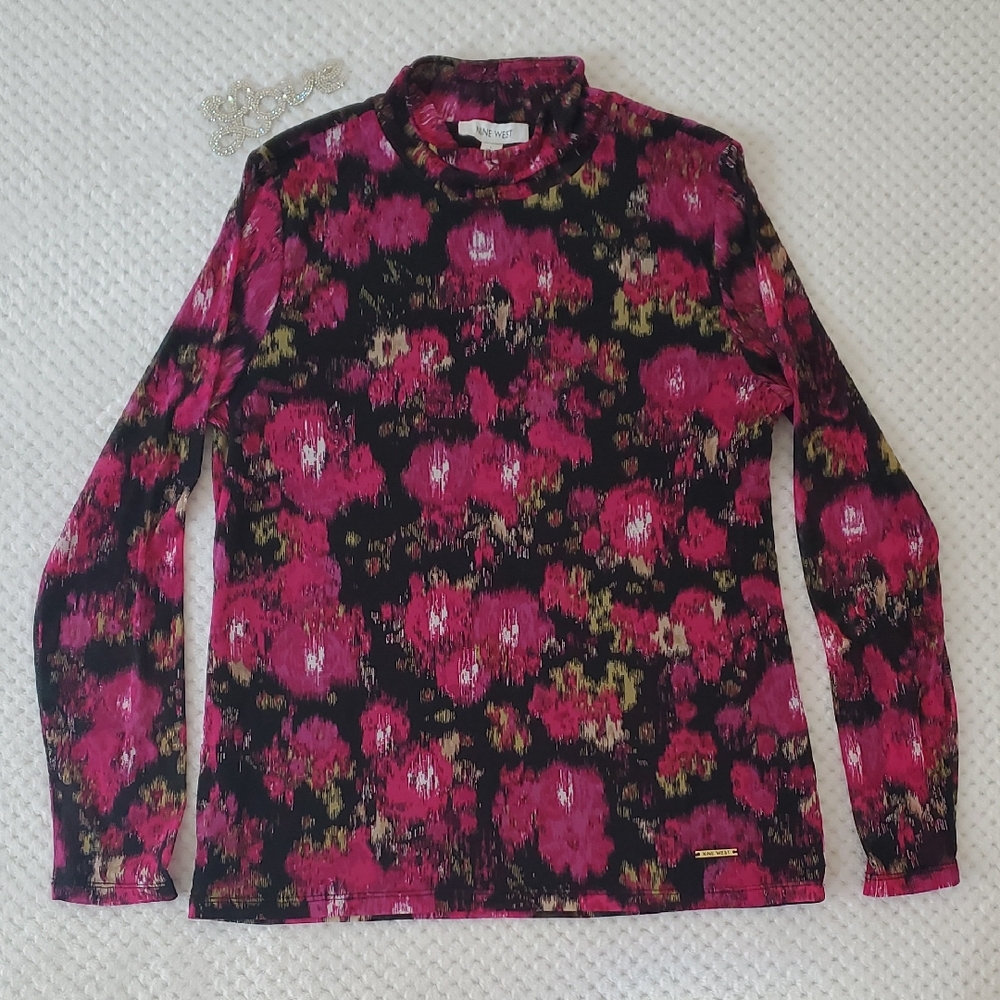 New Nine West Womens Large Pink and Black Patterned Top